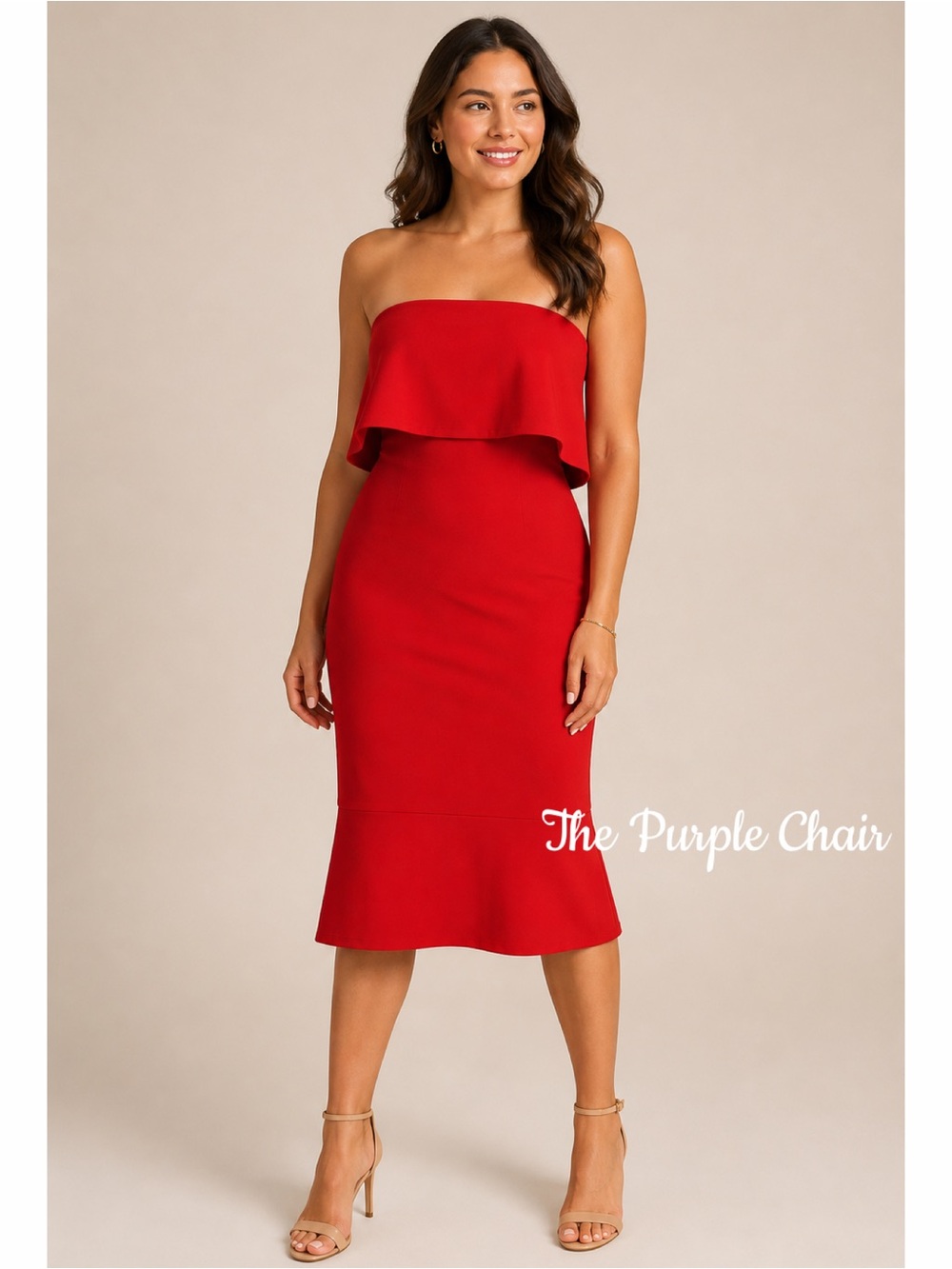 LIKELY NWT Red Strapless Flounce Bodycon Midi Dress 4